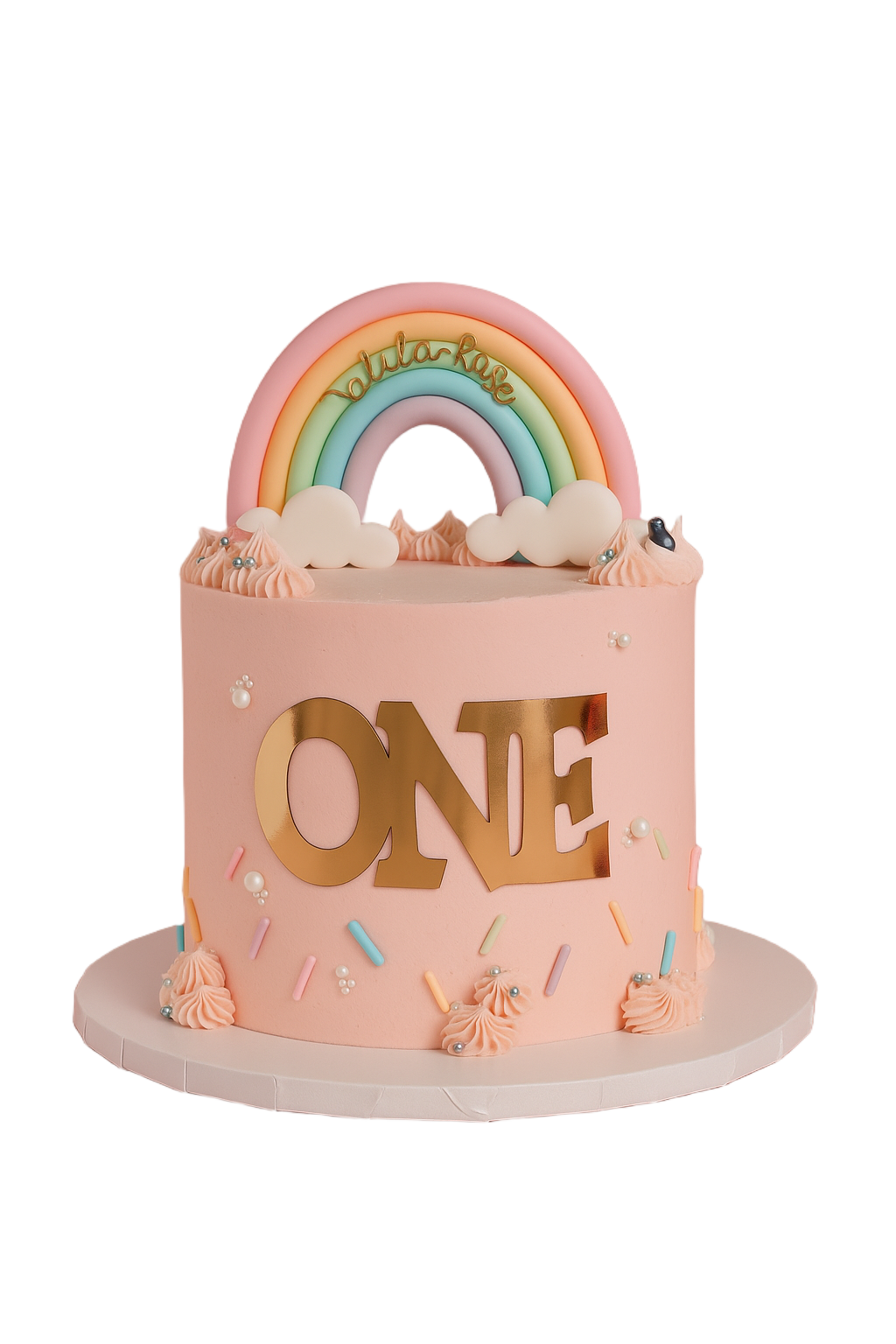 Beautiful rainbow birthday cake with 'ONE' decoration - bespoke celebration cake by Little House of Cake Cornwall